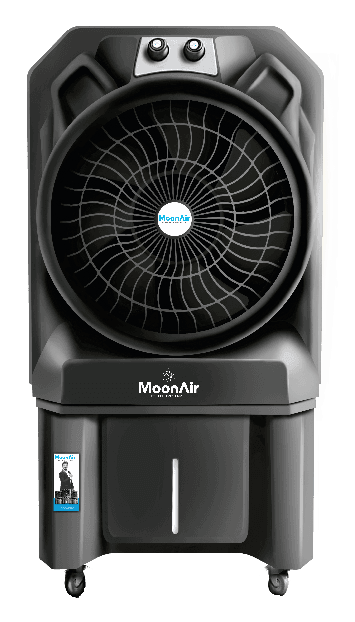 MoonAir Cyclone 105 in the 2024 catalogue, with a dark cabinet, circular front grille, two top control knobs and castor wheels