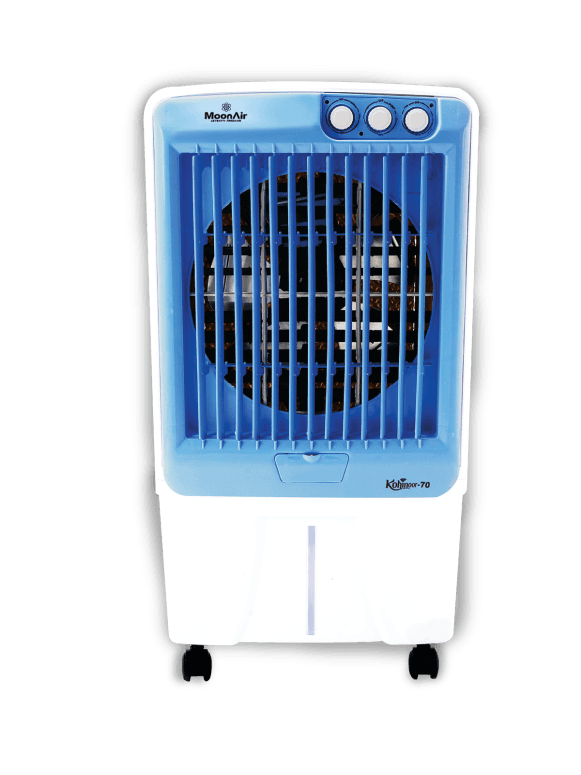 MoonAir Kohinoor 70 in the January 2024 catalogue, with a blue-and-white cabinet, vertical front grille, three top control knobs and castor wheels