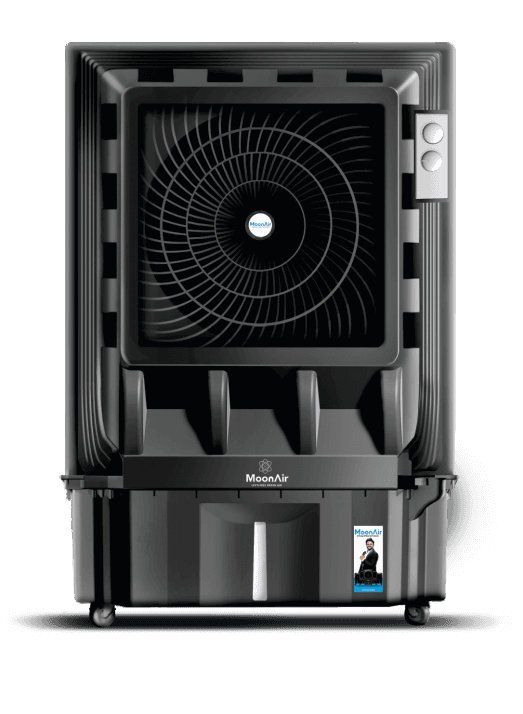MoonAir Mahaveer 125 in the January 2025 catalogue: dark cabinet, curved front grille, side-mounted control knobs and castor wheels