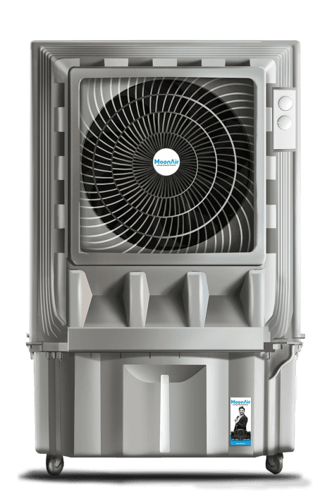 MoonAir Mahaveer 140 in the January 2025 catalogue: silver-finish cabinet, curved front grille, side-mounted control knobs and castor wheels