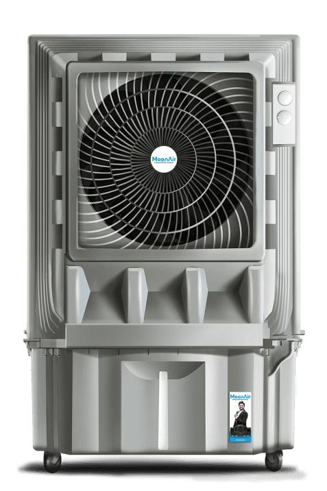 MoonAir Mahaveer 160 in the January 2025 catalogue: silver-finish cabinet, curved front grille, side-mounted control knobs and castor wheels