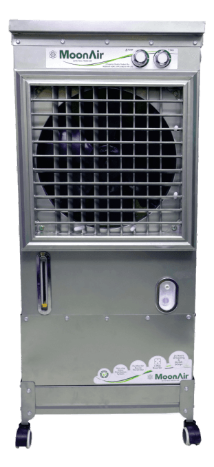 MoonAir Shakti 55 in the 2024 catalogue, showing its silver-finish cabinet, front grille, two control knobs and castor wheels